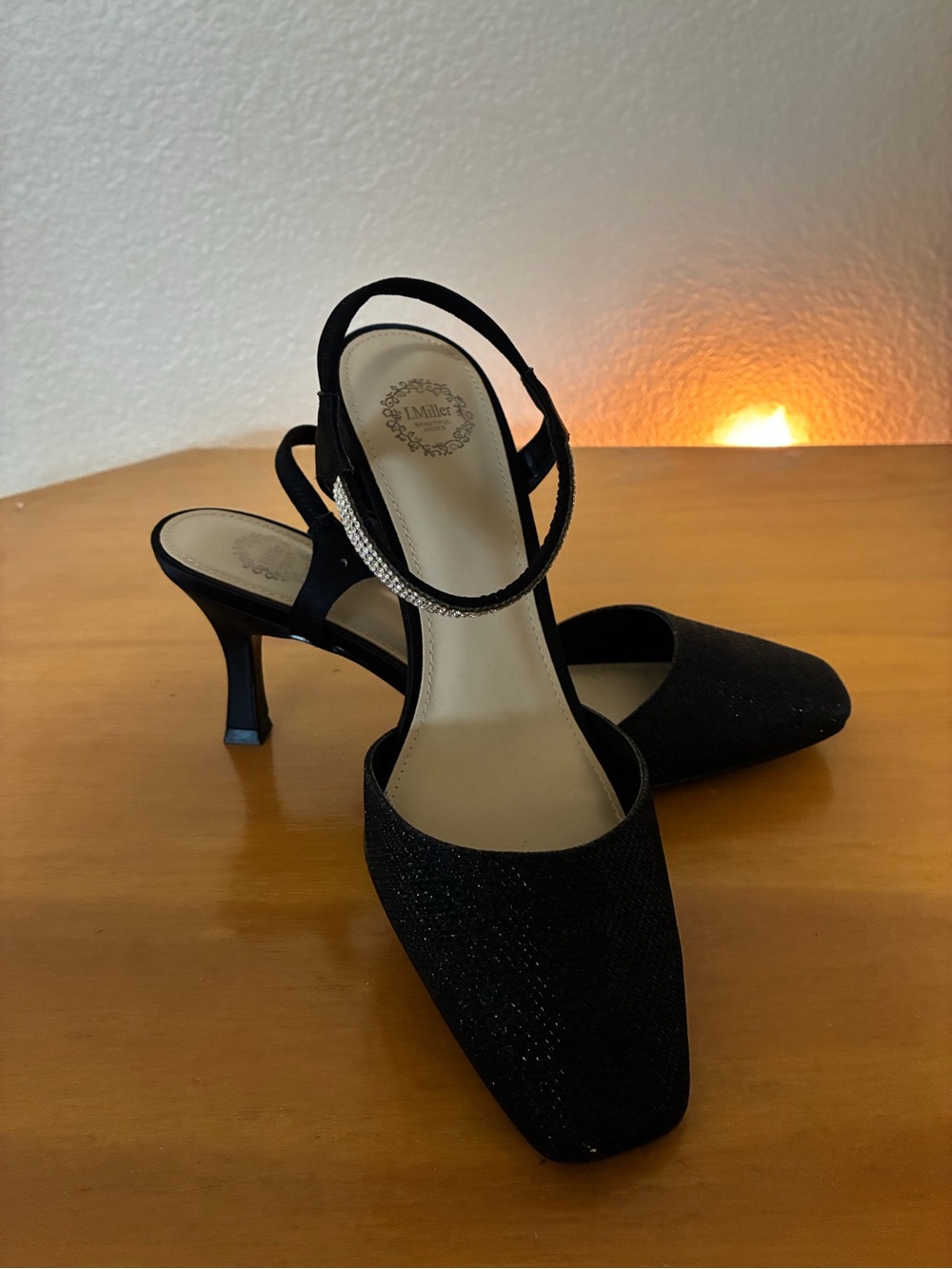 Black Rhinestone-Trim Slingback Heels